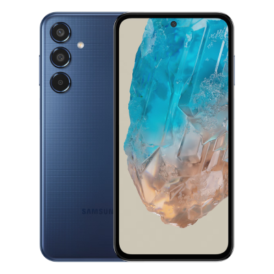 Smartphone Samsung azul com três câmaras traseiras e ecrã frontal abstrato
