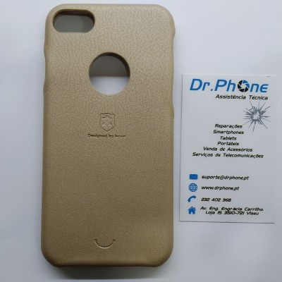 Capa bege para smartphone e cartão de visita da assistência técnica Dr.PHONE