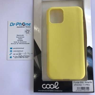 Capa amarela para iPhone 11 Pro em embalagem com cartão DrPhone ao lado
