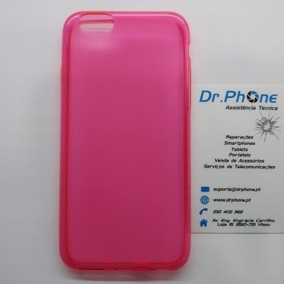 Capa de telemóvel rosa translúcida ao lado de cartão de visita Dr.Phone