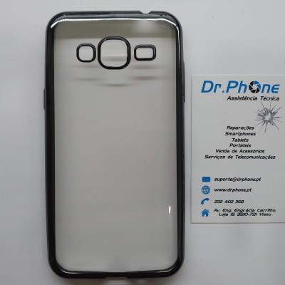 Capa de telemóvel transparente com bordas pretas e cartão de visita da Dr. Phone
