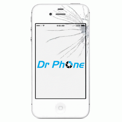 Smartphone branco com ecrã partido e texto Dr Phone azul no ecrã