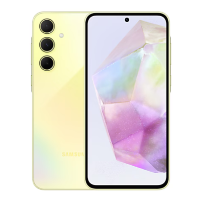 Smartphone Samsung amarelo pastel com três câmaras traseiras e ecrã frontal colorido