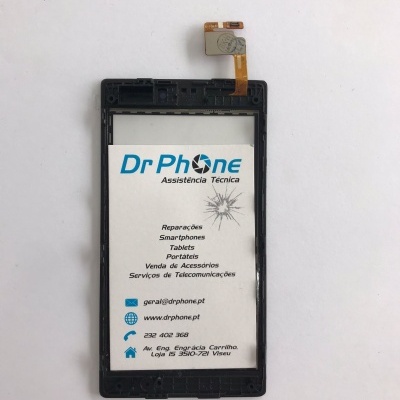 ecrã tátil preto para smartphone com cabo flexível amarelo e cartão da assistência técnica Dr Phone