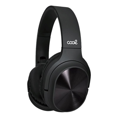 Auriculares sem fios pretos com textura metálica circular e texto 'cool' no arco