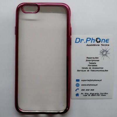Capa protetora de smartphone vermelha e transparente junto a cartão de visita Dr. Phone