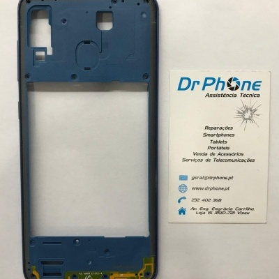 Parte interior da capa traseira de smartphone azul escuro e cartão de visita Dr PHONE Assistência Técnica