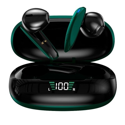 Auriculares sem fios negros com estojo de carregamento preto e verde e ecrã digital 100
