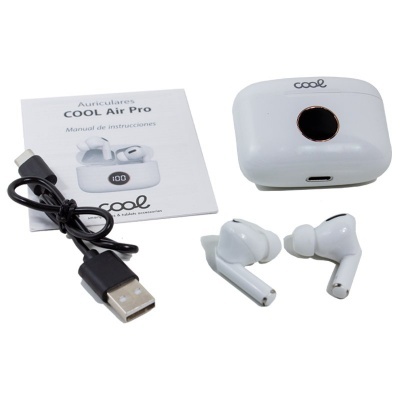 Auriculares brancos COOL Air Pro com estojo de carregamento, cabo USB e manual