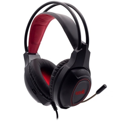 Headset gaming preto com detalhes vermelhos e microfone flexível