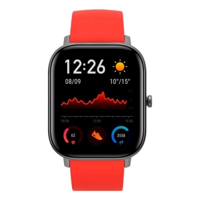 Relógio inteligente com bracelete vermelha e ecrã digital