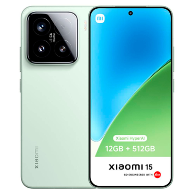 Smartphone Xiaomi 15 verde claro com câmara Leica e ecrã azul com texto de características