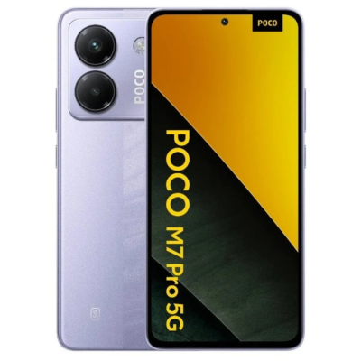 Smartphone POCO M7 Pro 5G prateado com duas câmaras traseiras e ecrã com texto