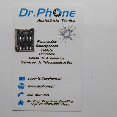 Cartão de visita de assistência técnica Dr.Phone com texto e slot SIM colado.