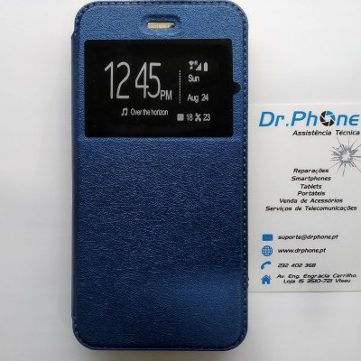 Capa azul para smartphone com janela mostrando ecrã e cartão de assistência técnica Dr.Phone.