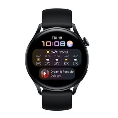 Relógio inteligente preto com tela digital colorida e bracelete de silicone
