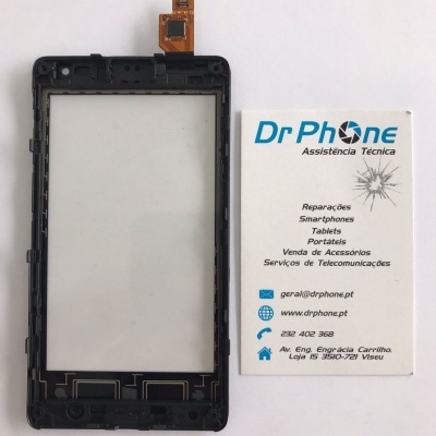 Ecrã tátil de smartphone preto e cartão de visita da Dr Phone Assistência Técnica