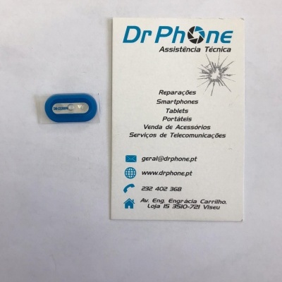 Cartão de visita Dr Phone e pequeno acessório tecnológico azul e branco