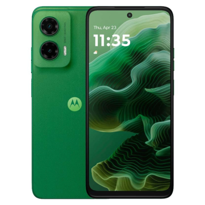Smartphone Motorola verde com textura traseira tipo couro e duas câmaras grandes