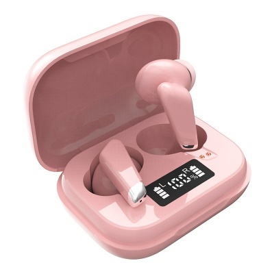 Auriculares sem fios cor-de-rosa com estojo de carregamento aberto e visor digital.