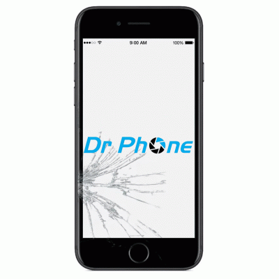 Smartphone preto com écrã rachado e texto Dr Phone no écran.