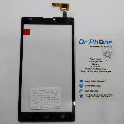 Ecrã tátil para smartphone com moldura preta e cartão de visita da Dr.Phone