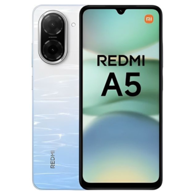 Smartphone Redmi A5 branco com ecrã frontal e traseira com padrão ondulado azul