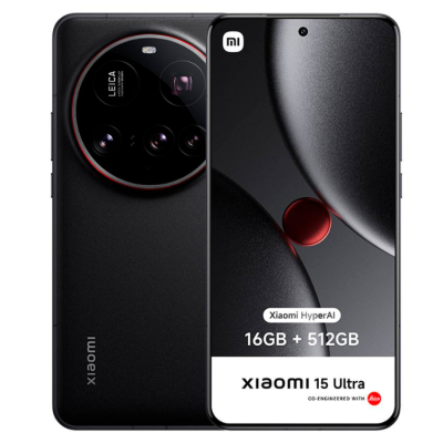 Smartphone Xiaomi 15 Ultra preto com módulo de câmara circular e texto no ecrã