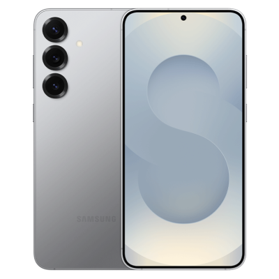Smartphone Samsung prateado com três câmaras traseiras e ecrã frontal