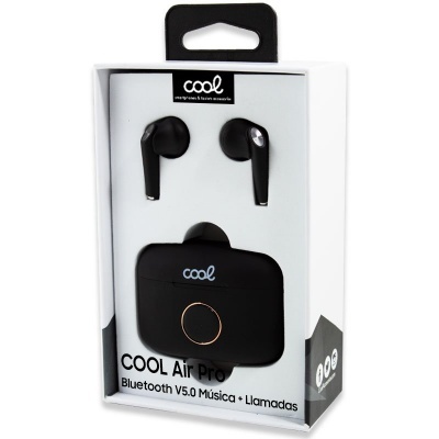 Auriculares sem fios negros com estojo preto em embalagem branca