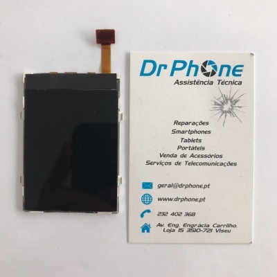 Ecrã LCD preto com fita flexível e cartão de visita da Dr Phone Assistência Técnica