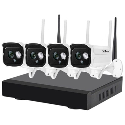 Kit de vigilância com quatro câmaras brancas e base preta