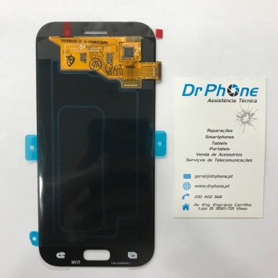 Ecrã táctil substituível para smartphone com conector flex amarelo e cartão de visita da assistência técnica Dr Phone