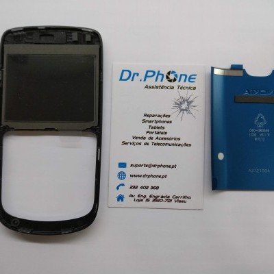Suporte de smartphone preto e branco, cartão da Dr.Phone e bateria azul para smartphone