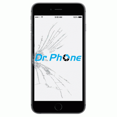 Smartphone preto com ecrã partido e texto Dr Phone no ecrã