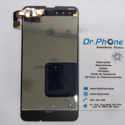 Ecrã frontal de smartphone preto ao lado de cartão de visita Dr.Phone