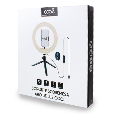 Embalagem branca do suporte sobremesa aro de luz Cool com tripé e cabo
