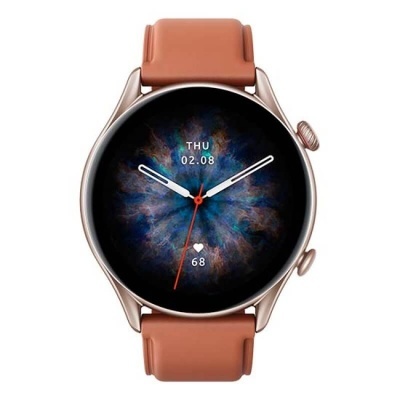 Relógio inteligente com pulseira castanha e mostrador digital redondo