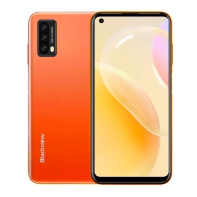 Smartphone Blackview laranja com tripla câmara traseira e ecrã com uma câmara frontal no canto superior