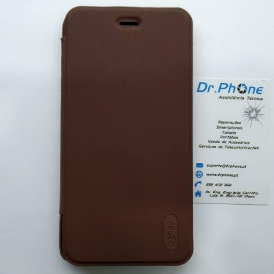 Capa castanha para smartphone e cartão de visita da empresa Dr.Phone.