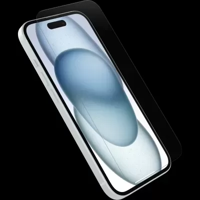 Smartphone branco com ecrã ativo mostrando esferas azuis