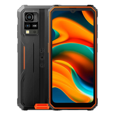 Telemóvel robusto preto com detalhes laranja e ecrã colorido