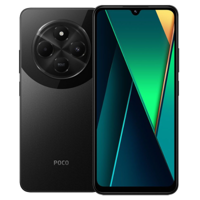 Smartphone POCO preto com três câmaras circulares e ecrã frontal