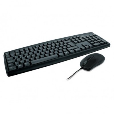 Teclado preto com teclado numérico e rato preto com cabo em fundo branco