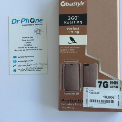 Capa protetora rosa metálica para smartphone ObaStyle com suporte giratório em embalagem, junto a cartão de assistência técnica DrPhone