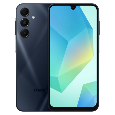 Smartphone Samsung preto com três câmaras traseiras e ecrã com notch em gota