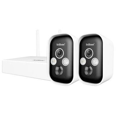 Câmaras de vigilância SriHome brancas e pretas com unidade central branca e antena
