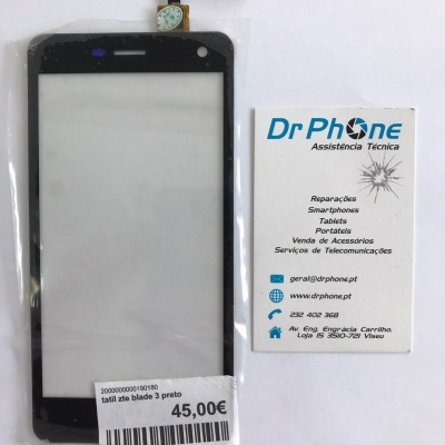 Ecrã tátil preto para smartphone com etiqueta de preço e cartão de assistência técnica