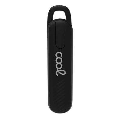 Auricular Bluetooth preto com texto 'coolq'