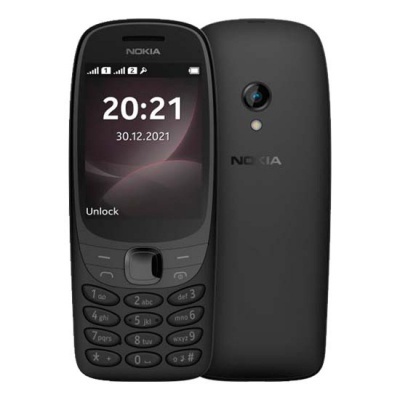 Smartphone Nokia preto com teclado físico e ecrã colorido mostrando data e hora